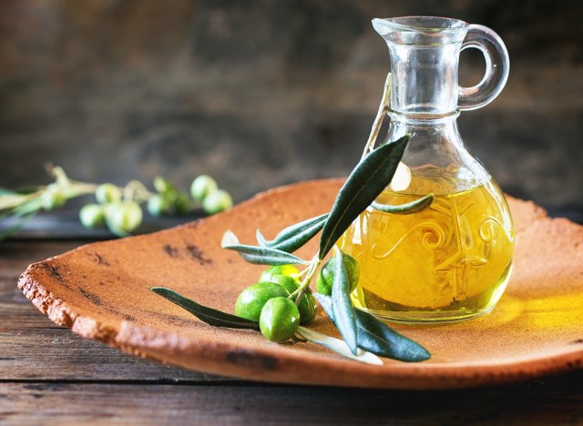 Olive oil in glass bottle