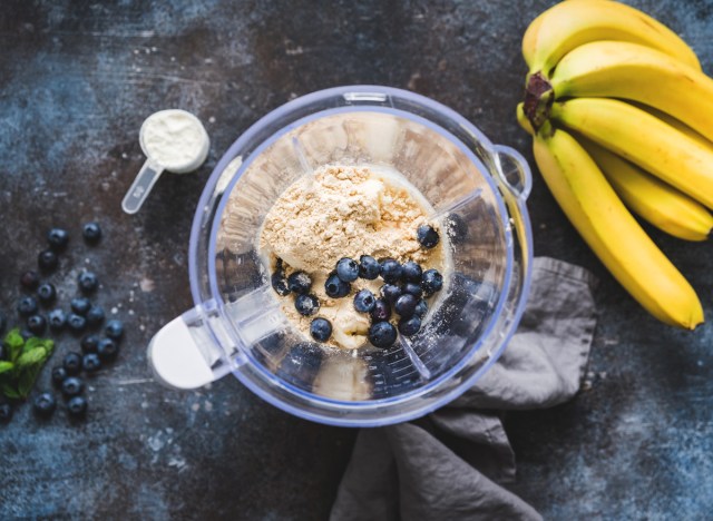 make a smoothie with protein powder blueberry banana in blender