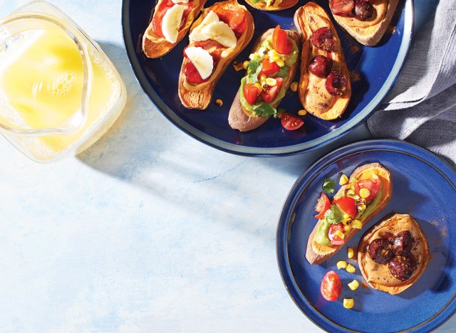 sweet potato toast on blue plate with butter