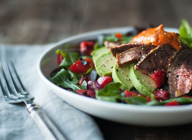 healthy steak salad with avocado