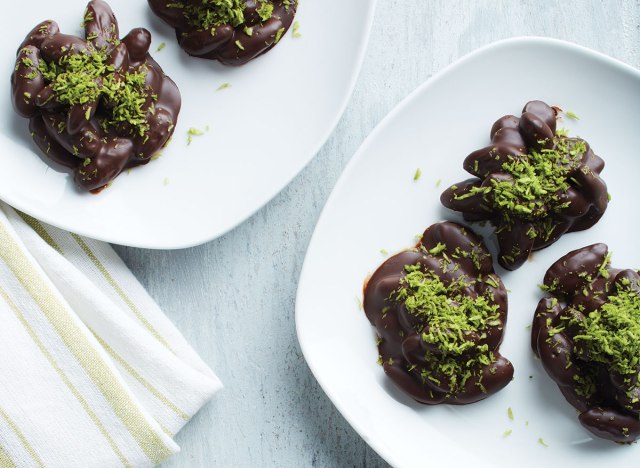 dark chocolate-covered almond clusters with coconut matcha sprinkle