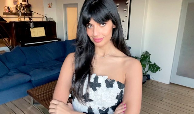 jameela jamil in black and white dress at home