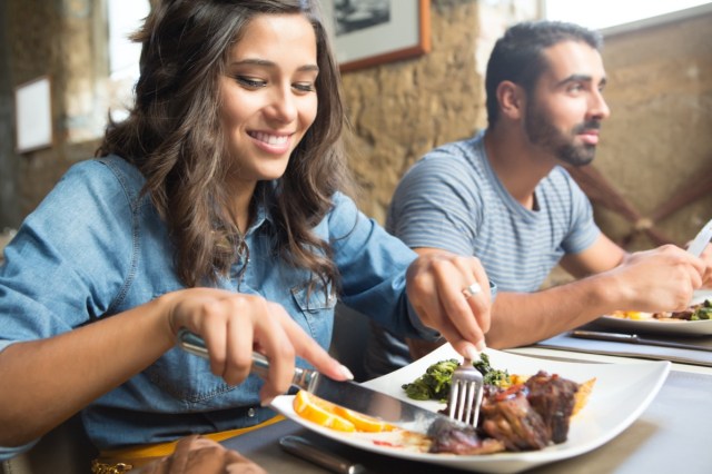 couple having lunch at rustic gourmet restaurant