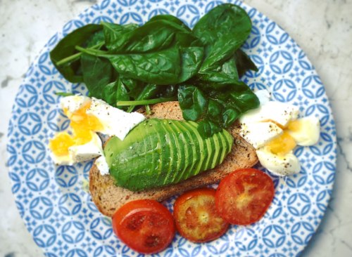 avocado toast egg spinach tomato