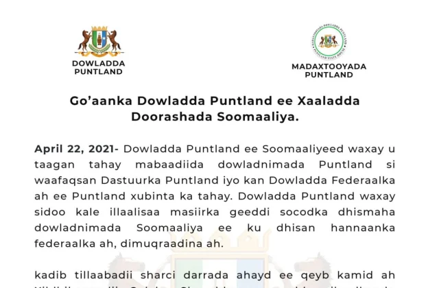 Puntland ayaa go’aan 7 qodob ka kooban ka qaadatay xaaladda doorashada Soomaaliya