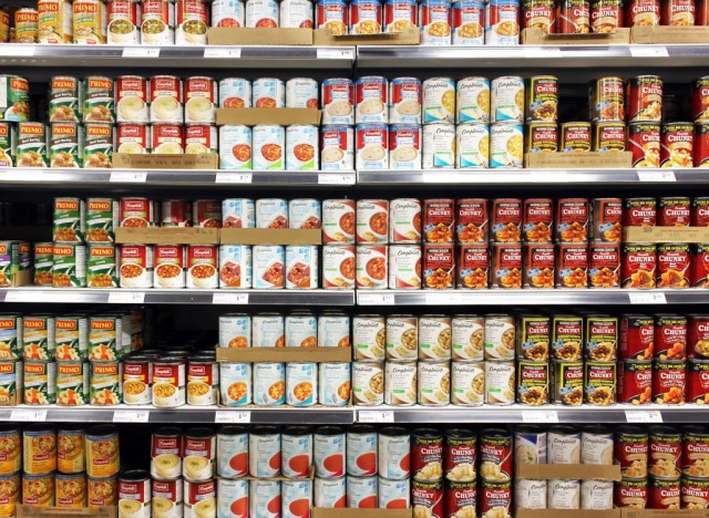 canned soup on supermarket shelves