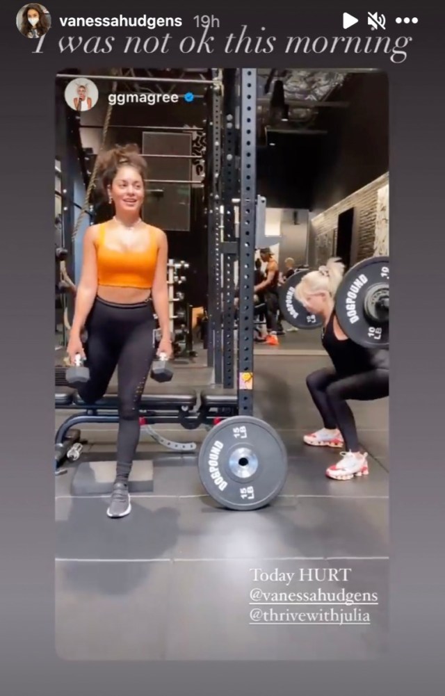 vanessa hudgens and a friend who do weight-based workouts in a gym