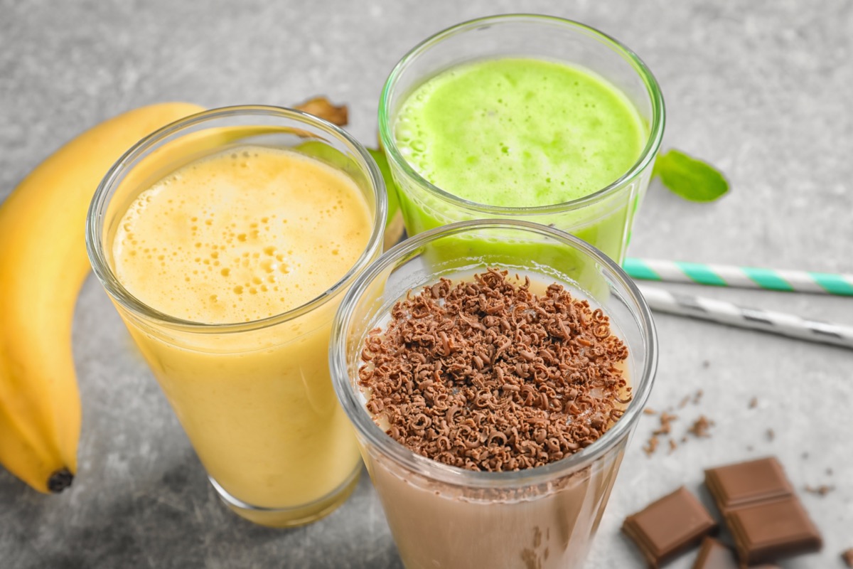 glasses with different protein shakes on the table