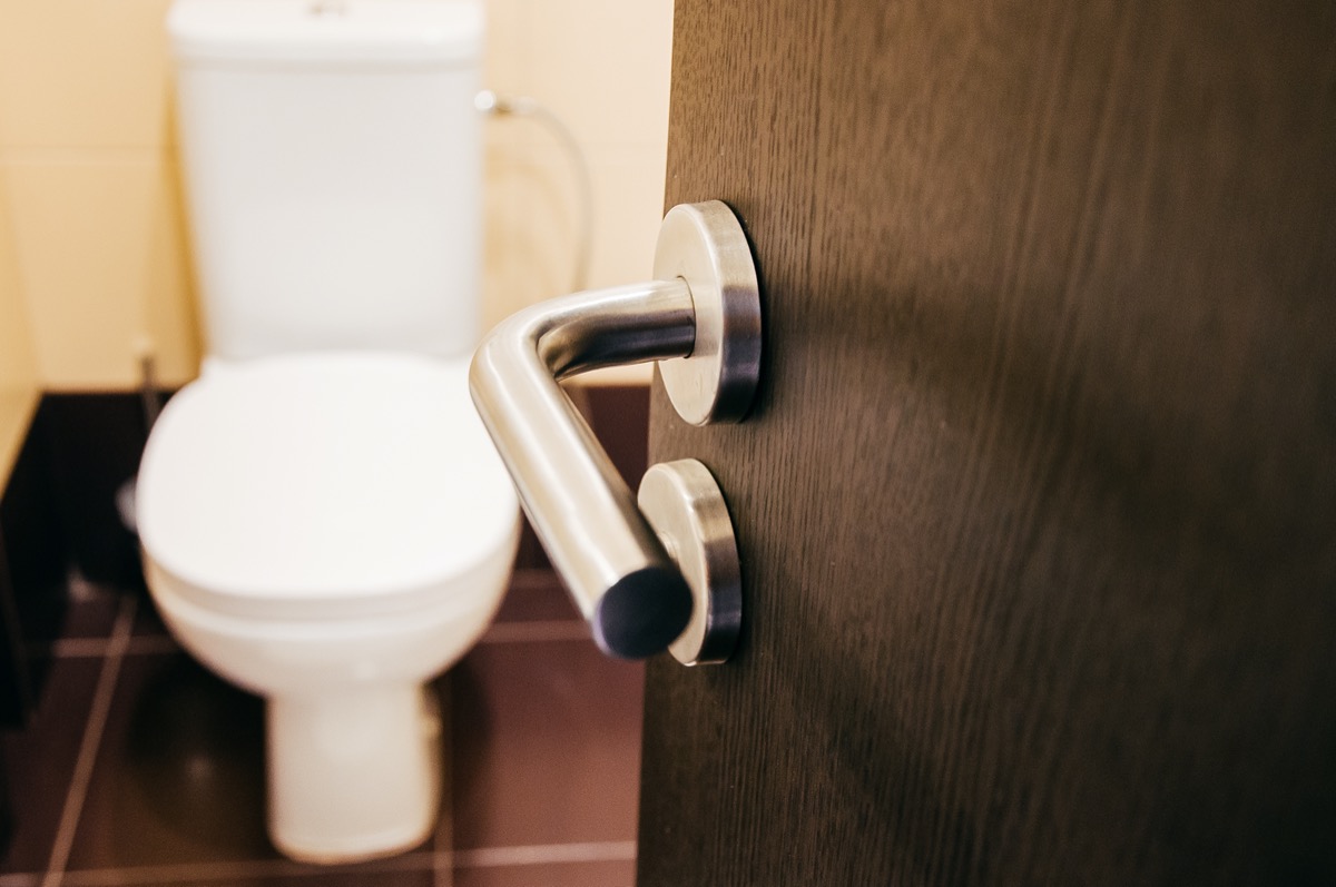 the door handle open to the toilet can see the toilet