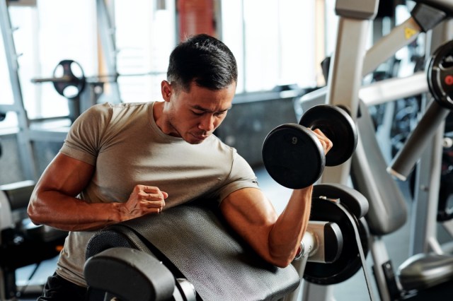 Fit serious Asian sportsman exercising with weights in gym