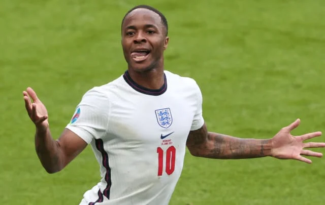 Raheem Sterling reacts to scoring goals in England’s victory over Germany