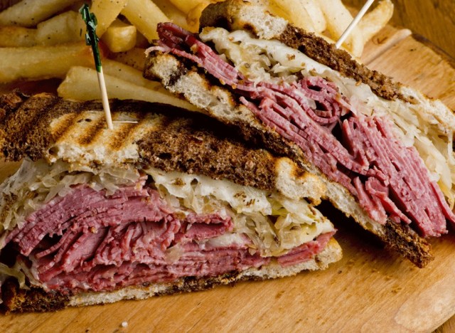 reuben sandwich with layers of corned beef deli meat