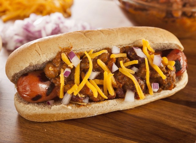 chili and cheese topped hot dog