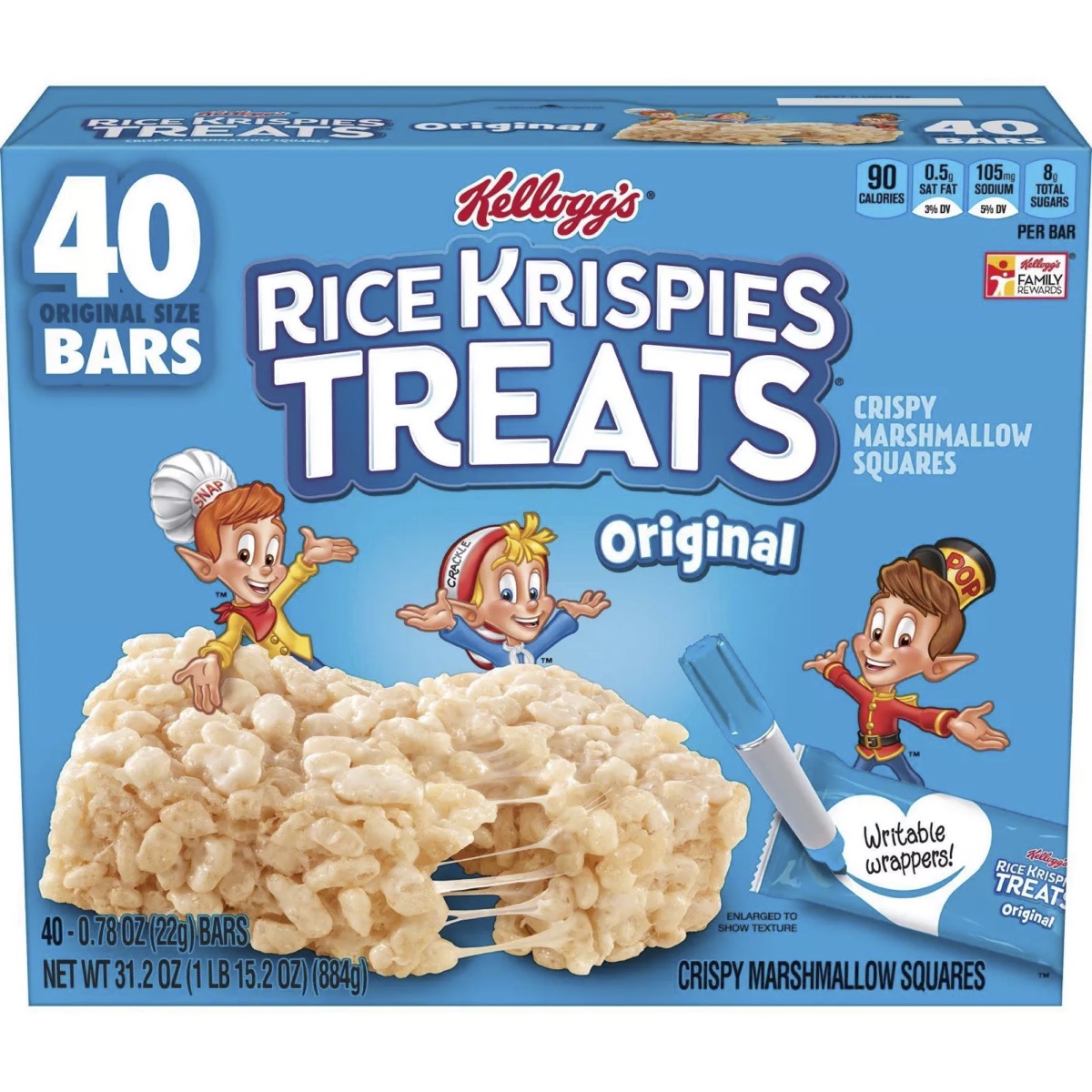 box of rice krispies treats on white background