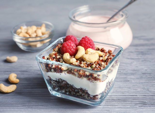 yogurt with quinoa, cashews and raspberries