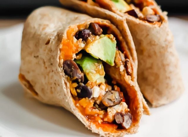 breakfast burrito with avocado, black beans and sweet potatoes