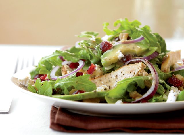 grilled chicken salad with cranberries, avocado, and goat cheese