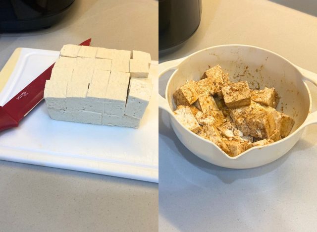 block of tofu and bowl of tofu side by side