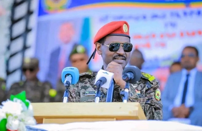 file - ethiopian national defense forces chief of staff, general birhanu jula, speaks at a public event. his recent remarks, allegedly describing the onlf as an 'enemy' of ethiopia, have spurred demands for clarification from the onlf. (credit: ebc)