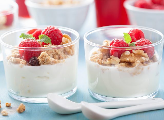 healthy breakfast with yogurt granola and raspberries