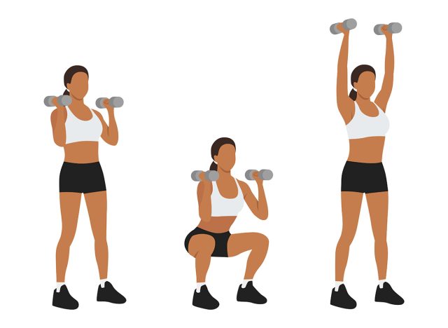 the definitive dumbbell and bodyweight exercise regimen for targeting belly fat. 15 squat thruster