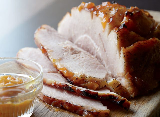low-calorie bourbon-glazed ham with peach chutney