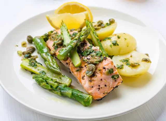 grilled salmon with asparagus and new potatoes in lemon, parsley and caper vinaigrette