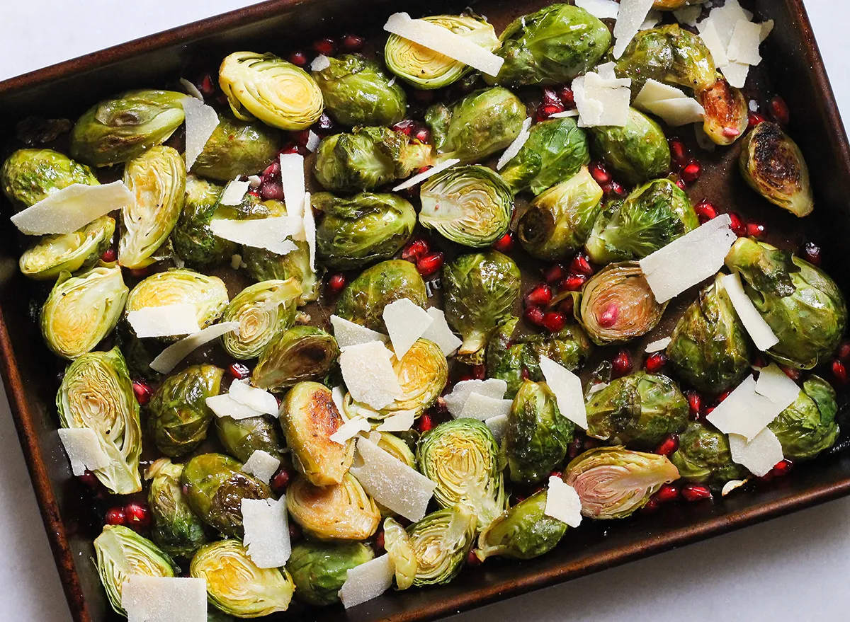 lemon pomegranate brussels sprouts on a plate