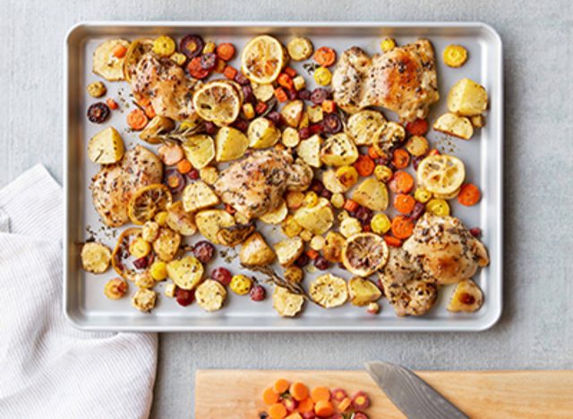 plate of lemon chicken with potatoes and carrots