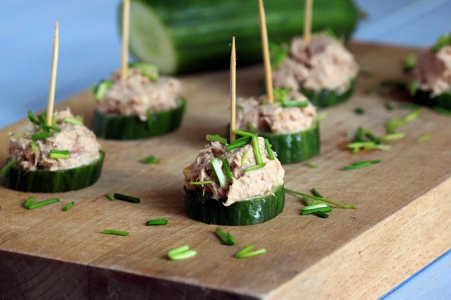 tuna salad on a cucumber slice.