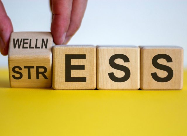 the word "stress" spelled out with blocks