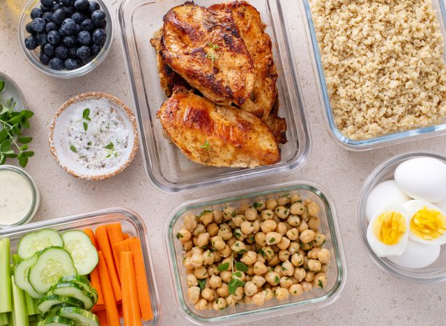 high-protein meal prep with chicken, quinoa, and veggies