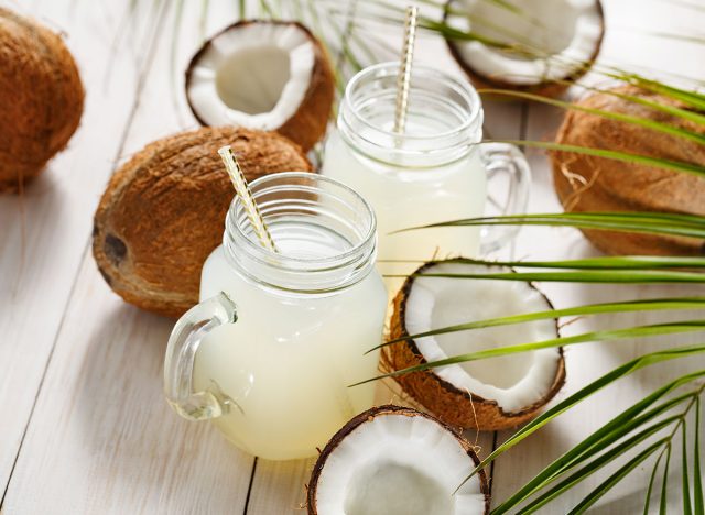 mason jar mugs filled with coconut water