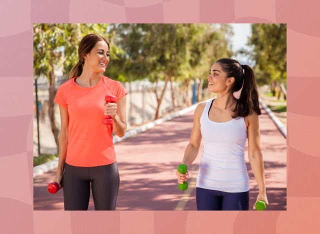 women walking with dumbbells