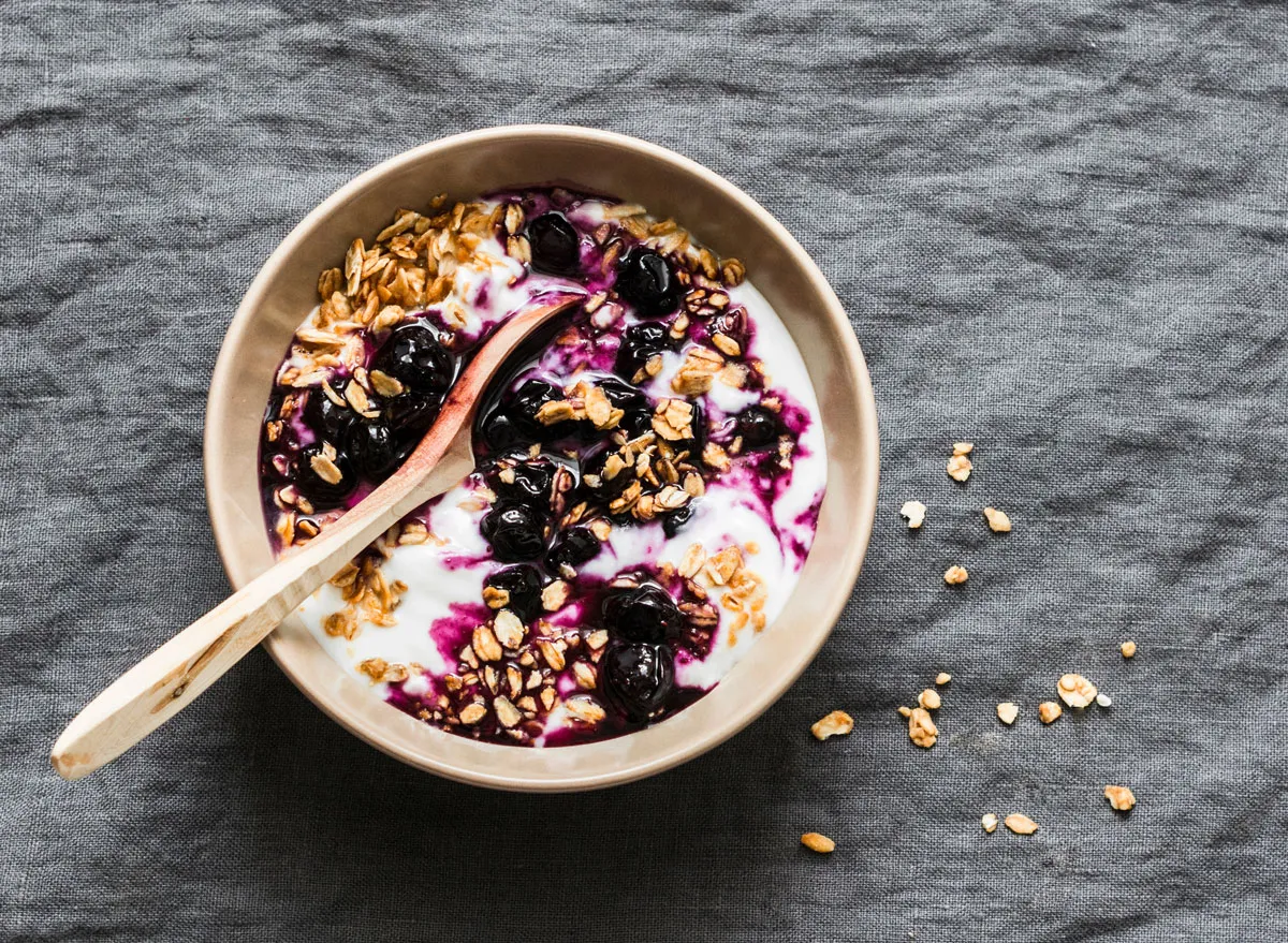 greek yogurt topped with blueberry sauce