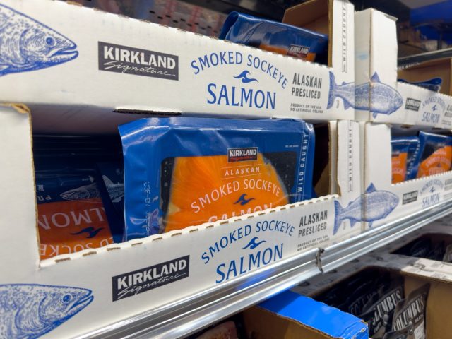 10 costco products to help you reduce body fat percentage in just one month 5 los angeles, california, usa-05-05-2023: a view of several packages with kirkland signature smoked sockeye salmon, on the screen of a local costco.